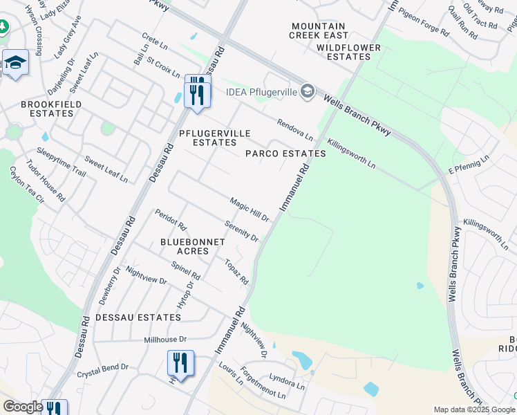 map of restaurants, bars, coffee shops, grocery stores, and more near 2000 Magic Hill Drive in Pflugerville