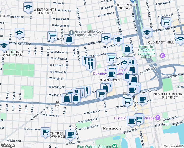 map of restaurants, bars, coffee shops, grocery stores, and more near 415 West Wright Street in Pensacola