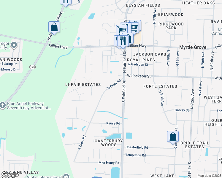 map of restaurants, bars, coffee shops, grocery stores, and more near 380 North Crow Road in Pensacola
