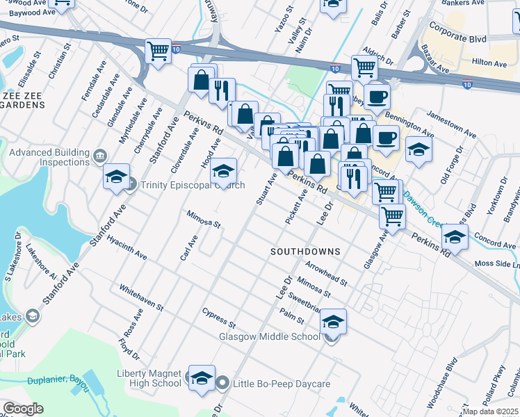 map of restaurants, bars, coffee shops, grocery stores, and more near 4259 Orchid Street in Baton Rouge