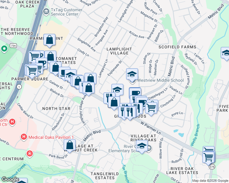 map of restaurants, bars, coffee shops, grocery stores, and more near 12513 Rampart Street in Austin