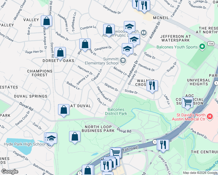 map of restaurants, bars, coffee shops, grocery stores, and more near 3810 Tarragona Lane in Austin