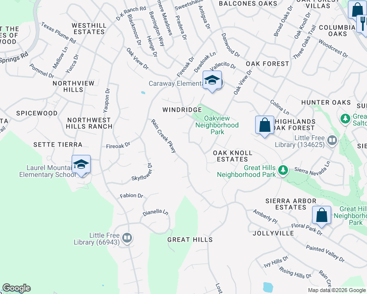 map of restaurants, bars, coffee shops, grocery stores, and more near 6911 Bayridge Terrace in Austin