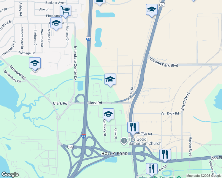 map of restaurants, bars, coffee shops, grocery stores, and more near 155 Clark Road in Jacksonville