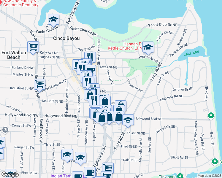 map of restaurants, bars, coffee shops, grocery stores, and more near 30 Iowa Drive Northeast in Fort Walton Beach