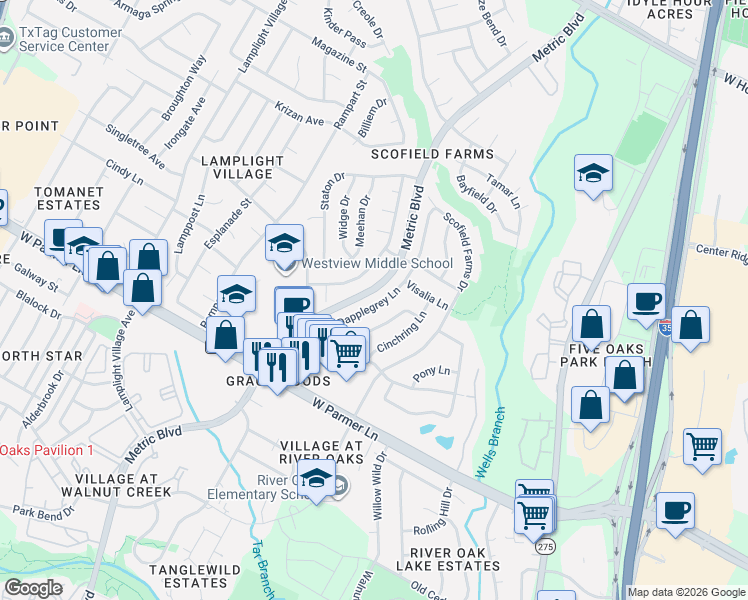 map of restaurants, bars, coffee shops, grocery stores, and more near 1849 Dapplegrey Lane in Austin