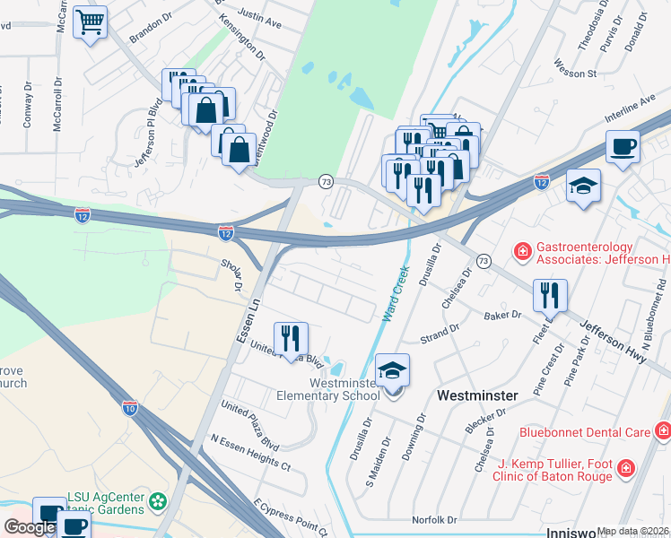 map of restaurants, bars, coffee shops, grocery stores, and more near 8675 Forest Hill Drive in Baton Rouge