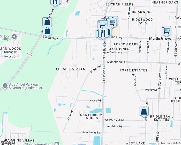 map of restaurants, bars, coffee shops, grocery stores, and more near 380 North Crow Road in Pensacola