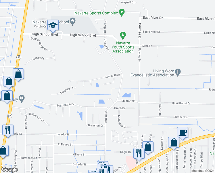 map of restaurants, bars, coffee shops, grocery stores, and more near 2188 Stratos Court in Navarre