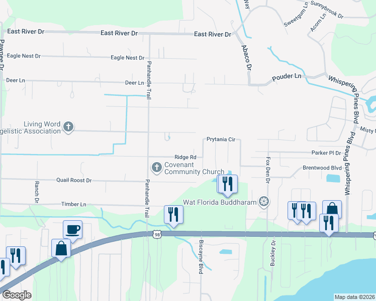 map of restaurants, bars, coffee shops, grocery stores, and more near 9261 Ridge Road in Navarre
