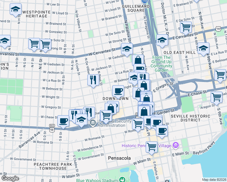 map of restaurants, bars, coffee shops, grocery stores, and more near 310 West Gregory Street in Pensacola