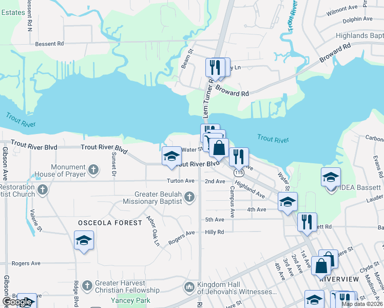 map of restaurants, bars, coffee shops, grocery stores, and more near 3021 Trout River Boulevard in Jacksonville