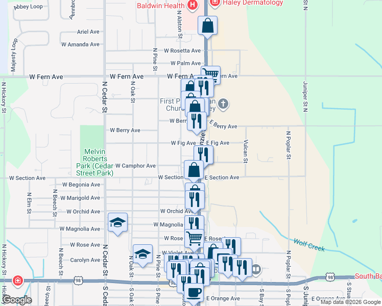 map of restaurants, bars, coffee shops, grocery stores, and more near 901 North McKenzie Street in Foley
