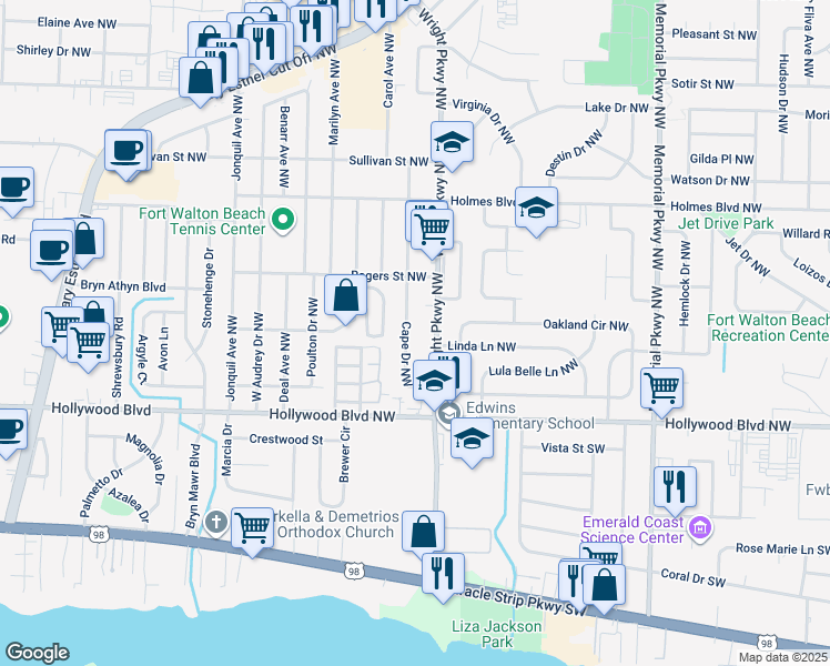 map of restaurants, bars, coffee shops, grocery stores, and more near 23 Cape Drive Northwest in Fort Walton Beach