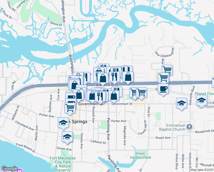 map of restaurants, bars, coffee shops, grocery stores, and more near 819 Pershing Avenue in Ocean Springs