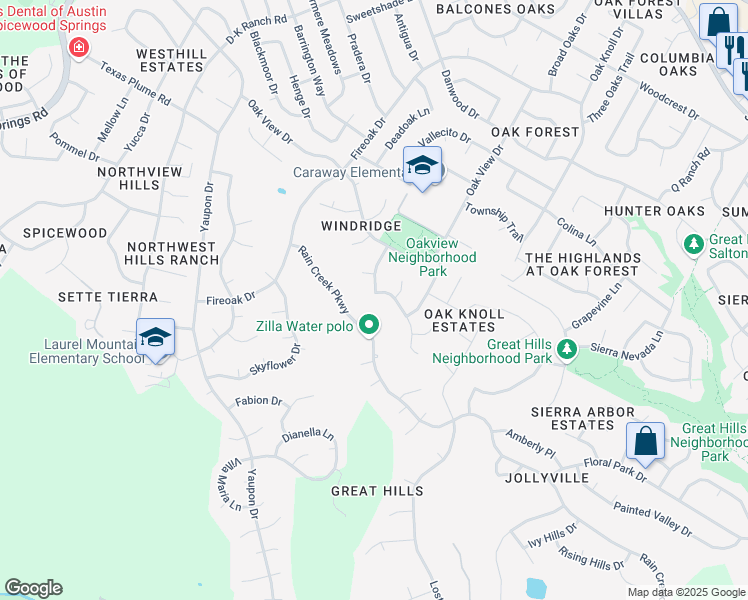 map of restaurants, bars, coffee shops, grocery stores, and more near 6911 Bayridge Terrace in Austin