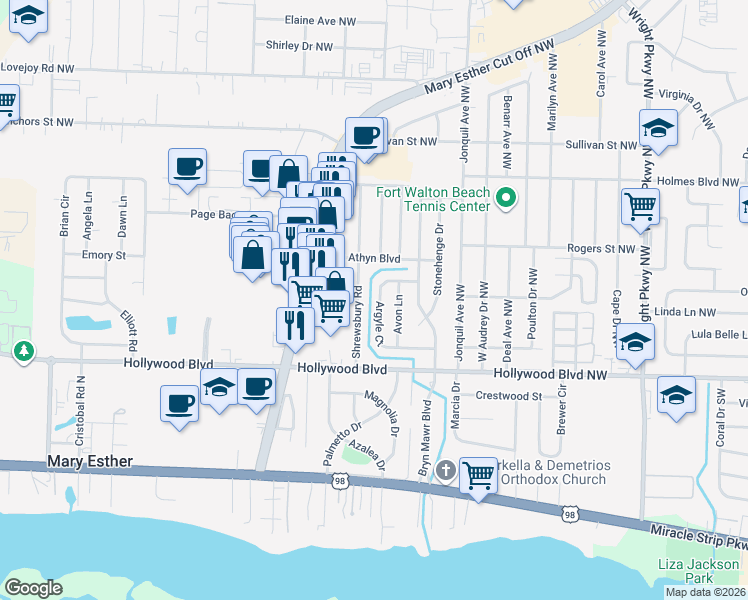 map of restaurants, bars, coffee shops, grocery stores, and more near 400 Argyle Court in Mary Esther