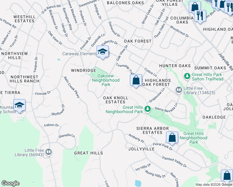 map of restaurants, bars, coffee shops, grocery stores, and more near 6612 Manzanita Street in Austin