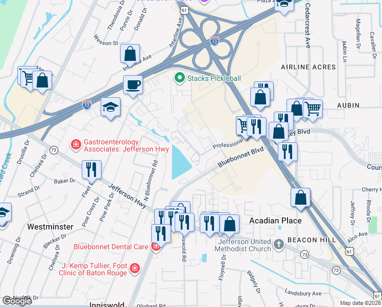 map of restaurants, bars, coffee shops, grocery stores, and more near 10298 West Winston Avenue in Baton Rouge