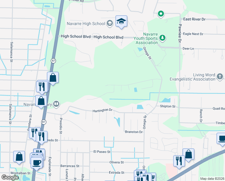 map of restaurants, bars, coffee shops, grocery stores, and more near 2191 Sardinia Court in Navarre