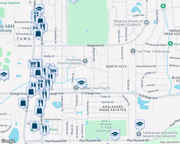 map of restaurants, bars, coffee shops, grocery stores, and more near 2502 Brighton Road in Tallahassee