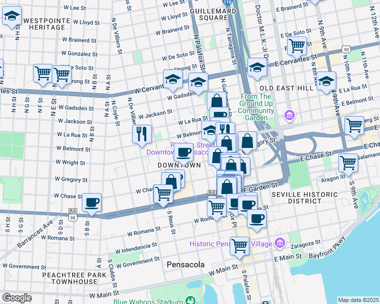 map of restaurants, bars, coffee shops, grocery stores, and more near in Pensacola