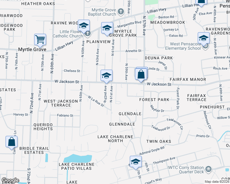 map of restaurants, bars, coffee shops, grocery stores, and more near 420 North 60th Avenue in Pensacola