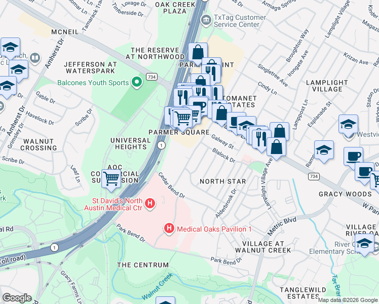 map of restaurants, bars, coffee shops, grocery stores, and more near 12329 Tomanet Trail in Austin
