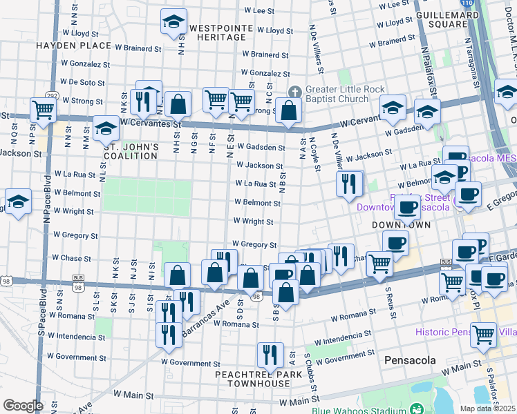 map of restaurants, bars, coffee shops, grocery stores, and more near 905 West Belmont Street in Pensacola