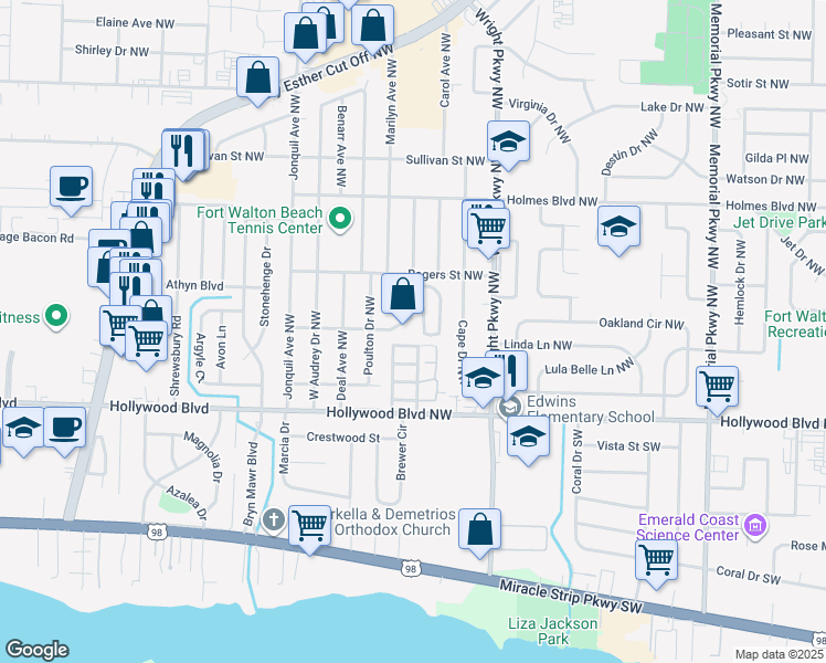 map of restaurants, bars, coffee shops, grocery stores, and more near 413 Odin Lane Northwest in Mary Esther
