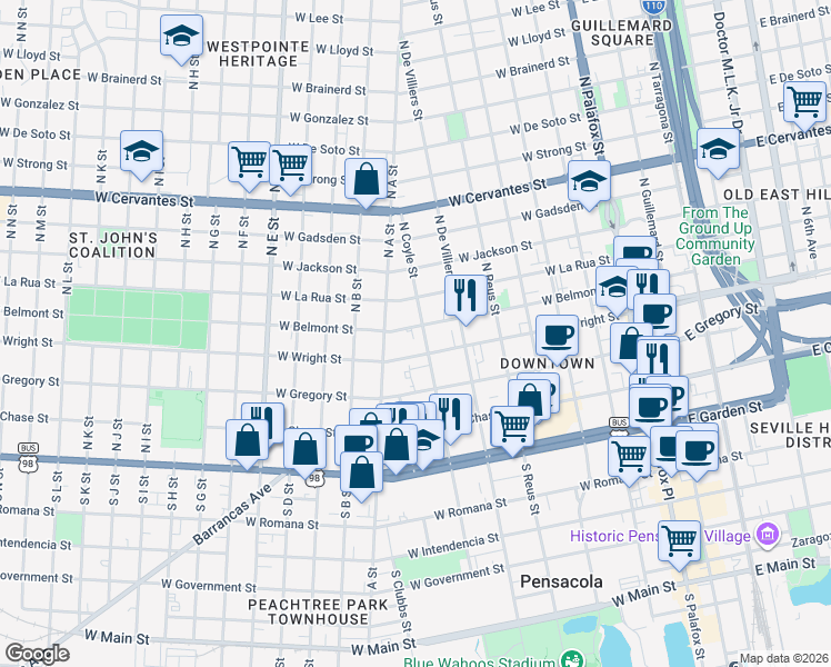map of restaurants, bars, coffee shops, grocery stores, and more near 612 West Wright Street in Pensacola