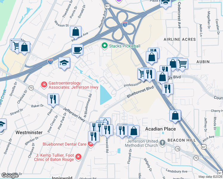 map of restaurants, bars, coffee shops, grocery stores, and more near 10298 West Winston Avenue in Baton Rouge