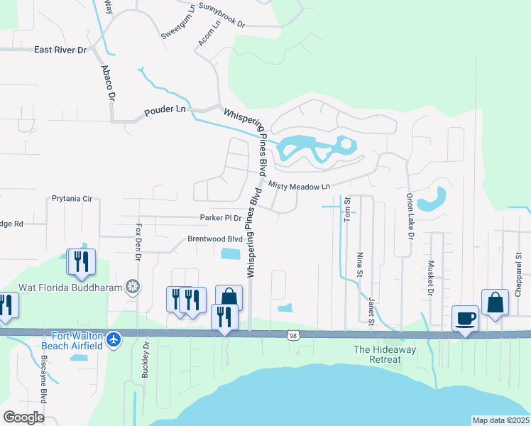 map of restaurants, bars, coffee shops, grocery stores, and more near 9629 Meadow Wood Lane in Navarre