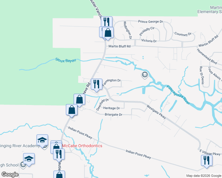 map of restaurants, bars, coffee shops, grocery stores, and more near 2408 Westgate Pkwy in Gautier