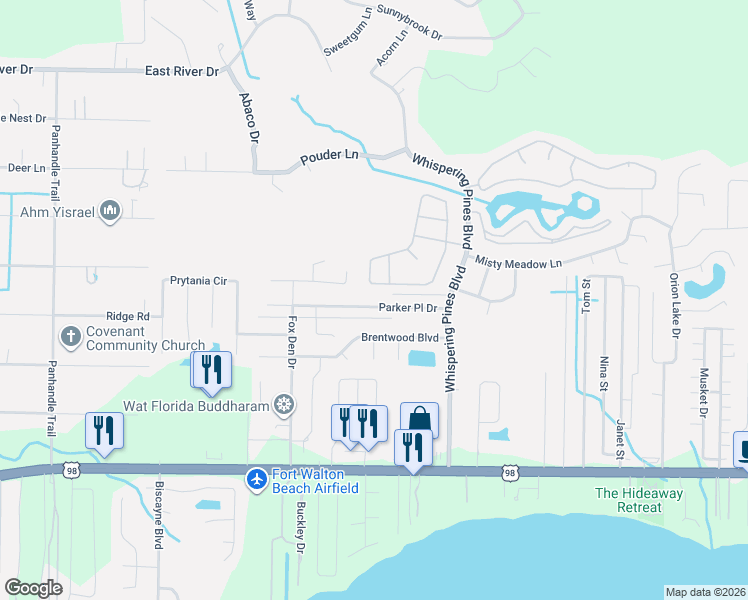 map of restaurants, bars, coffee shops, grocery stores, and more near 9510 Parker Place Drive in Navarre