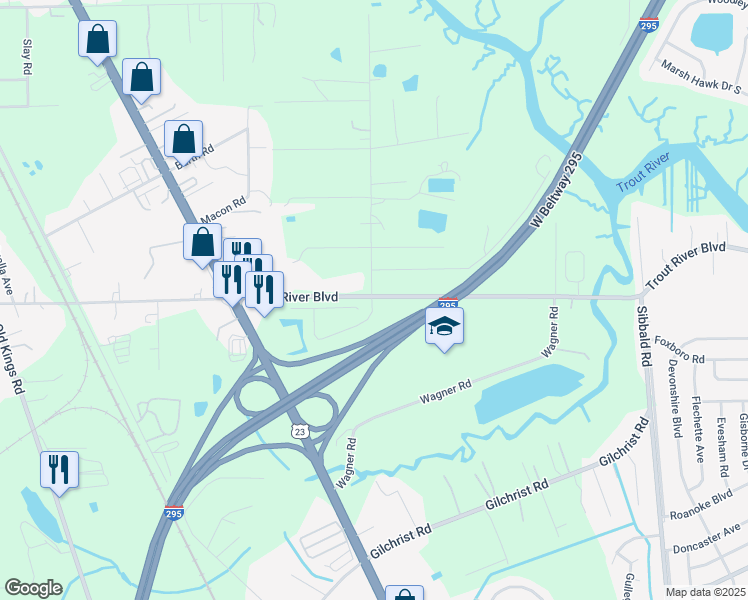 map of restaurants, bars, coffee shops, grocery stores, and more near 9895 Trout Tides Boulevard in Jacksonville