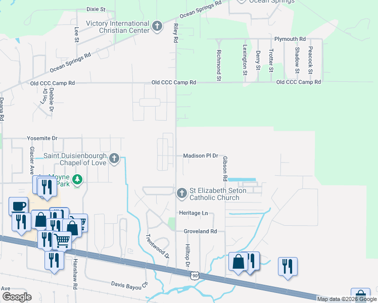 map of restaurants, bars, coffee shops, grocery stores, and more near 5216 Riley Road in Ocean Springs