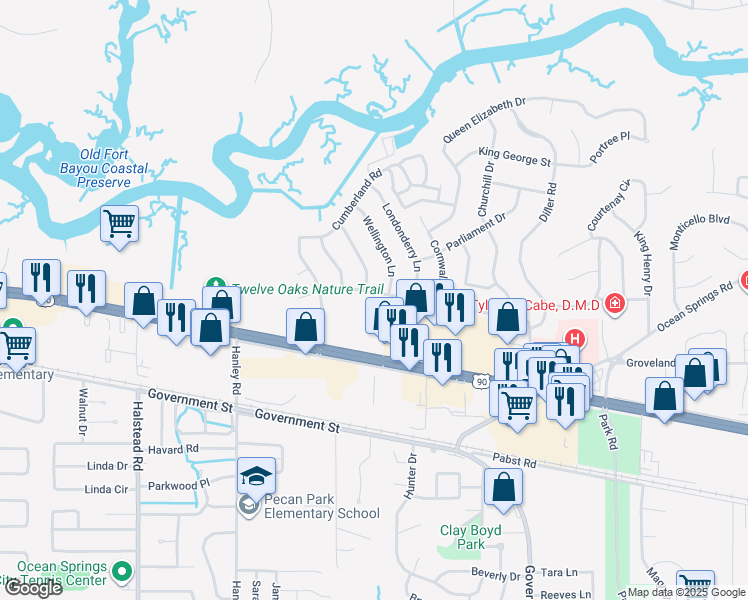 map of restaurants, bars, coffee shops, grocery stores, and more near 3214 Nottingham Road in Ocean Springs