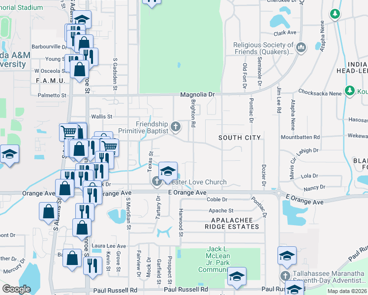 map of restaurants, bars, coffee shops, grocery stores, and more near 2502 Brighton Road in Tallahassee
