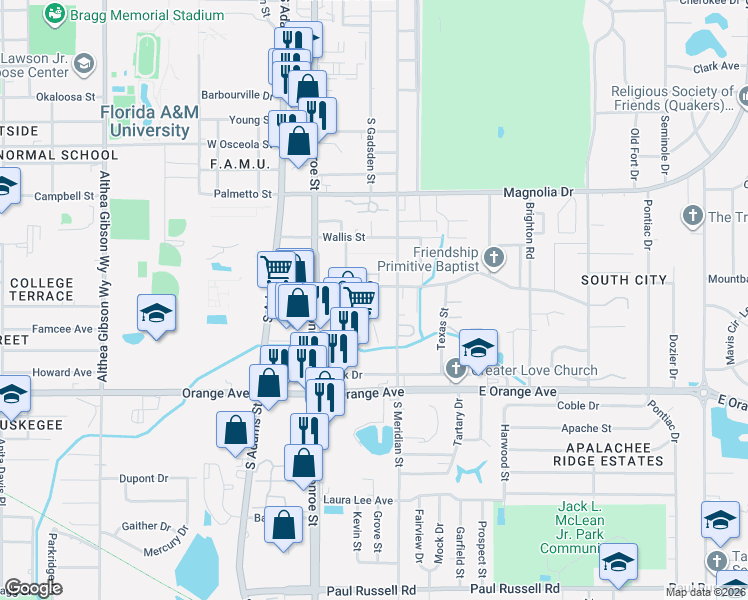 map of restaurants, bars, coffee shops, grocery stores, and more near 401 Putnam Drive in Tallahassee
