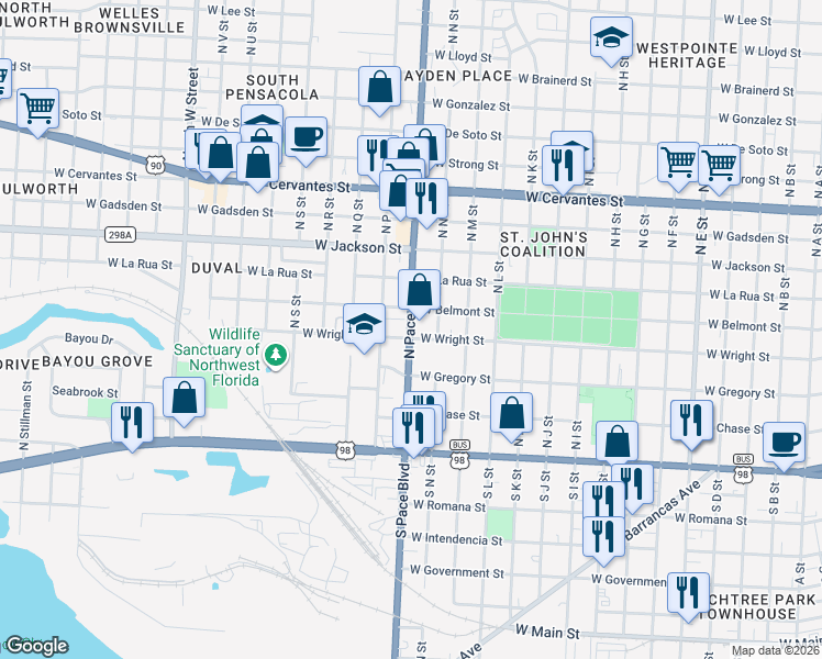 map of restaurants, bars, coffee shops, grocery stores, and more near 225 North Pace Boulevard in Pensacola