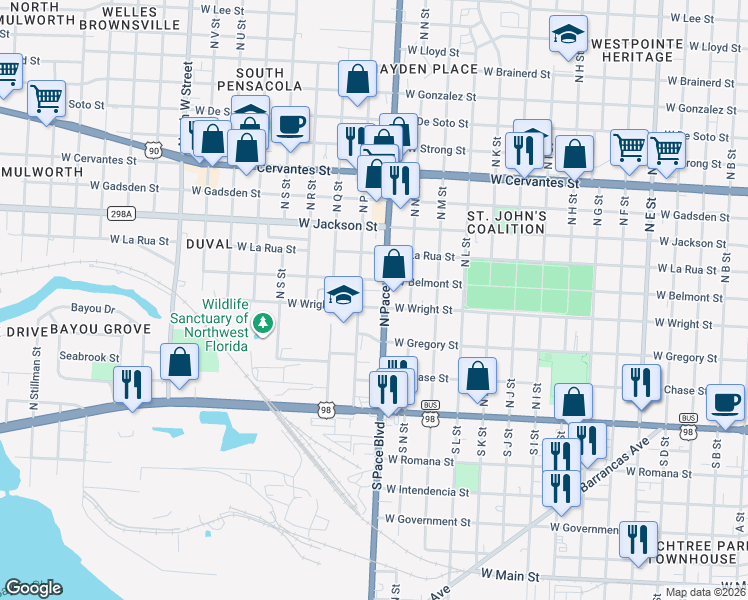 map of restaurants, bars, coffee shops, grocery stores, and more near 225 North Pace Boulevard in Pensacola