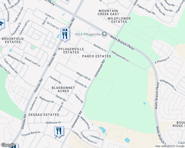 map of restaurants, bars, coffee shops, grocery stores, and more near 14700 Immanuel Road in Pflugerville