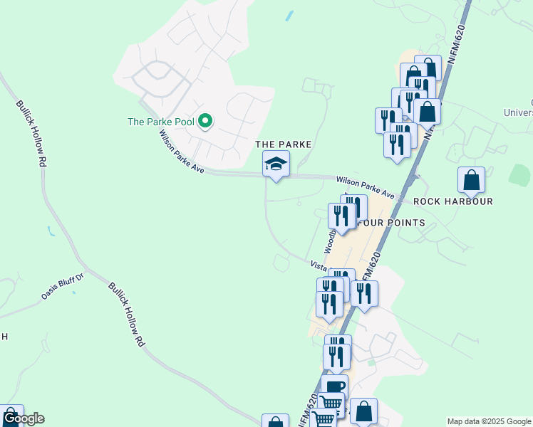 map of restaurants, bars, coffee shops, grocery stores, and more near 11712-11978 Vista Parke Dr in Austin