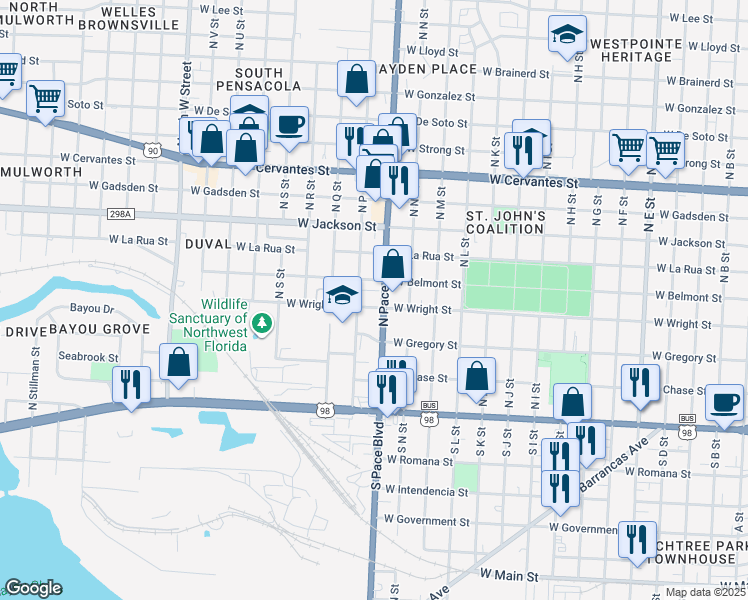 map of restaurants, bars, coffee shops, grocery stores, and more near 225 North Pace Boulevard in Pensacola