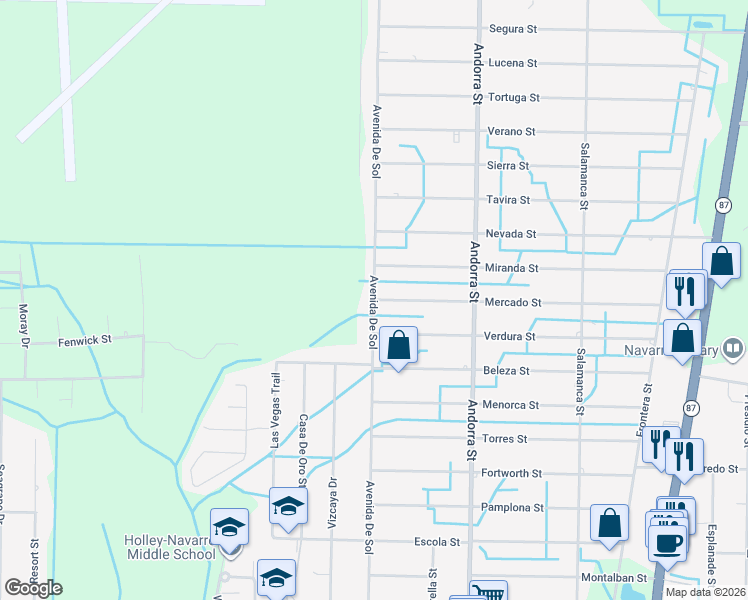 map of restaurants, bars, coffee shops, grocery stores, and more near 2230 Avenida De Sol in Navarre