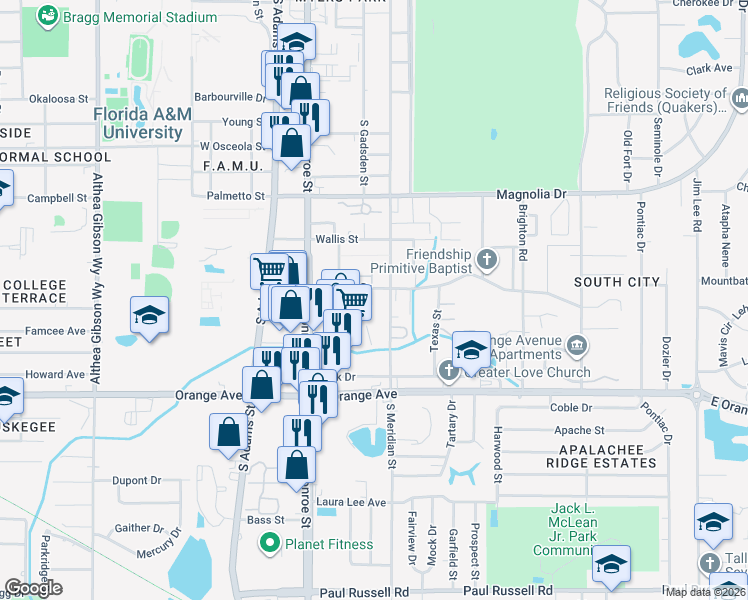 map of restaurants, bars, coffee shops, grocery stores, and more near 401 Putnam Drive in Tallahassee