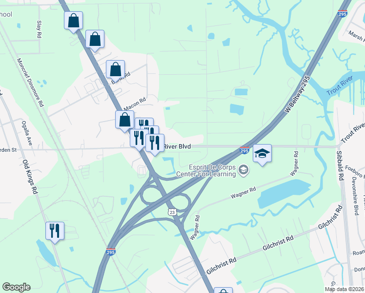 map of restaurants, bars, coffee shops, grocery stores, and more near 6200 Trout River Boulevard in Jacksonville