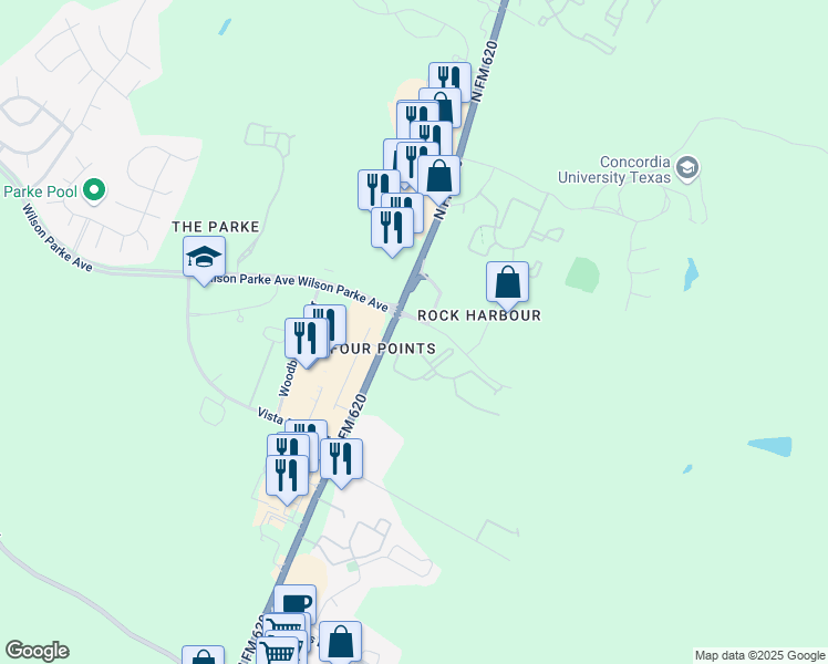 map of restaurants, bars, coffee shops, grocery stores, and more near 8111 North FM 620 in Austin