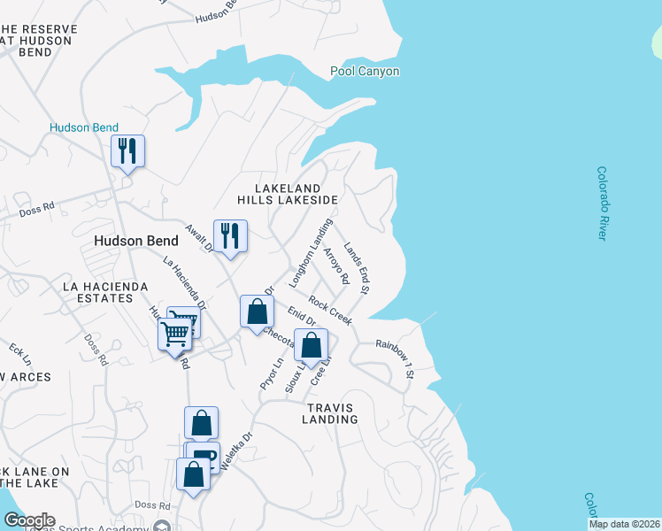 map of restaurants, bars, coffee shops, grocery stores, and more near 15506 Cedar Ledge Street in Austin